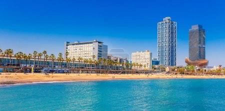 Téléchargez les photos : Plage de Barceloneta à Barcelone. Belle plage de sable avec palmiers. Journée ensoleillée avec ciel bleu. Destination touristique célèbre en Catalogne, Espagne - en image libre de droit