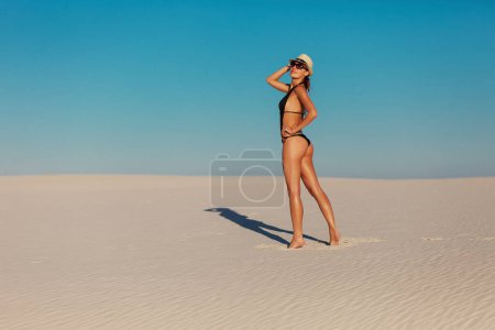 Téléchargez les photos : Portrait de sexy belle femme modèle bronzé posant dans la mode maillot de bain noir bikini, chapeau fedora et lunettes de soleil plage désert de sable. Concept exotique de voyage de pays et de repos. Slim silhouette et corps sportif
. - en image libre de droit