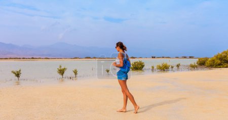 Téléchargez les photos : Femme touristique sur la côte de la mer Rouge et les mangroves dans le Ras Moha - en image libre de droit