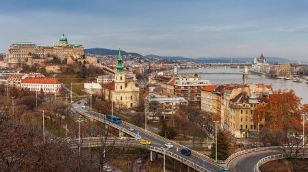 Photo for Panorama cityscape of famous tourist destination Budapest with Danube, parliament and bridges. Travel illuminated landscape in Hungary, Europe. - Royalty Free Image