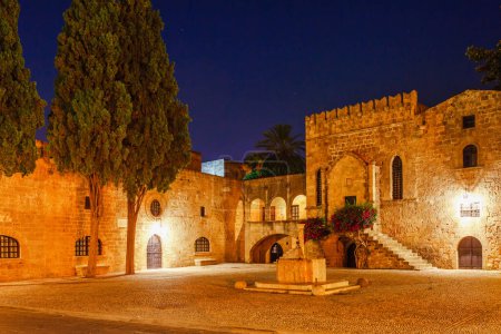 Foto de Foto nocturna de la antigua calle de la ciudad de Rodas en la isla de Rodas, Dodecaneso, Grecia. Paredes de piedra y luces nocturnas brillantes. Destino turístico famoso en el sur de Europa - Imagen libre de derechos