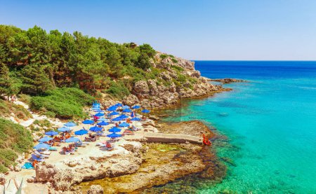 Photo for Sea skyview landscape photo Ladiko bay near Anthony Quinn bay on Rhodes island, Dodecanese, Greece. Panorama with nice sand beach and clear blue water. Famous tourist destination in South Europe - Royalty Free Image