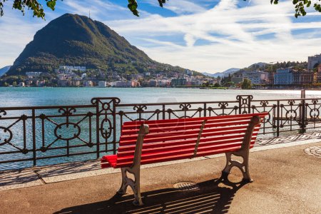 Photo for Panorama view of the lake Lugano, mountains and city Lugano, Ticino canton, Switzerland. Scenic beautiful Swiss town with luxury villas. Famous tourist destination in South Europe - Royalty Free Image