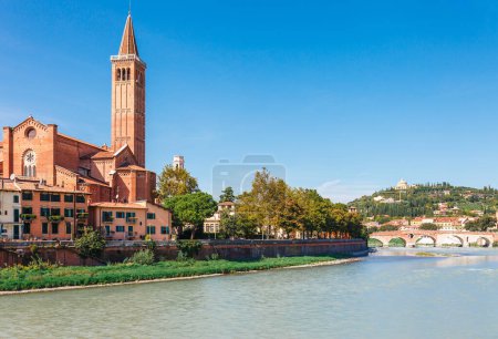 Photo for Panoramic cityscape aerial view on Verona historical center, bridge and Adige river. Famous travel destination in Italy. Old town where lived Romeo and Juliet from Shakespeare story - Royalty Free Image