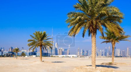 Photo for Skyline view of Dubai with palms and skyscrapers from the desert. Sunny summer day in Dubai desert. Dubai is the most famous tourist destination in UAE. Ideal place for luxury travel and rest - Royalty Free Image
