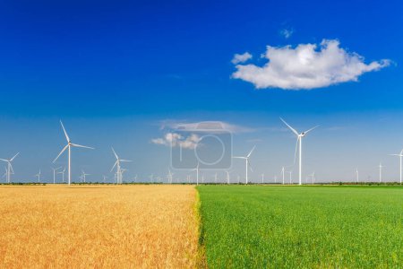 Foto de Turbinas eólicas generando electricidad en el campo. Eco poder, ecología y concepto de poder alternativo
. - Imagen libre de derechos