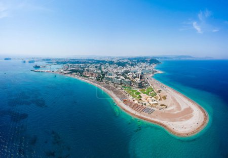 Photo for Aerial birds eye view drone photo of Elli beach on Rhodes city island, Dodecanese, Greece. Panorama with nice sand, lagoon and clear blue water. Famous tourist destination in South Europe - Royalty Free Image