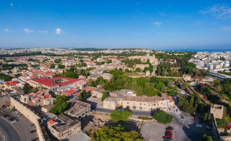 Photo for Aerial birds eye view drone photo Rhodes city island, Dodecanese, Greece. Panorama with ancient old fortress and Palace of the Grand Master of the Knights. Famous tourist destination in South Europe - Royalty Free Image