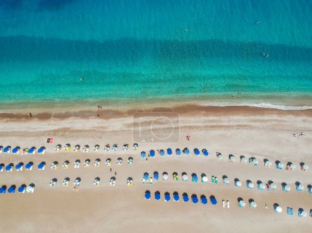Photo for Aerial birds eye view drone photo of Elli beach on Rhodes city island, Dodecanese, Greece. Panorama with nice sand, lagoon and clear blue water. Famous tourist destination in South Europe - Royalty Free Image