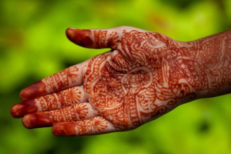 Téléchargez les photos : Gros plan saisissant d'une main ornée de motifs de henné élaborés, généralement associés à des rituels et des célébrations - en image libre de droit