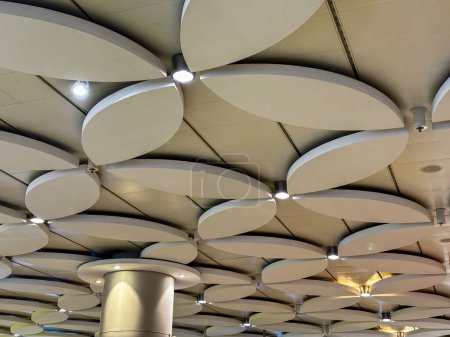 The ceiling is decorated with a pattern of white flowers. The flowers are arranged in a way that they look like they are blooming. The ceiling is illuminated by lights