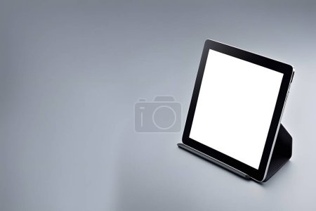 Foto de Una tableta está sentada sobre un fondo blanco. El comprimido es negro y tiene un borde blanco - Imagen libre de derechos