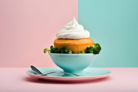 A culinary creation against a pastel backdrop with room for additional text. Perfect for food advertisements aiming for an elegant and appetizing look with soft colors and minimalist presentation.