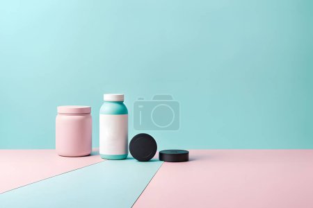 A fitness product against a subtle pastel background with generous copy space. Ideal for fitness advertisements seeking a minimalist and motivational aesthetic with soft colors and clean design.