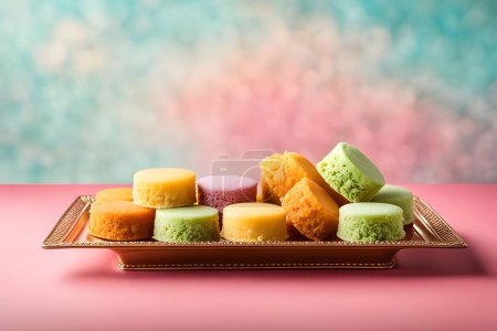 Showcase indulgent Indian sweets against a dreamy pastel backdrop with generous copy space. Ideal for designers promoting Indian dessert parlors, sweet shop delicacies, or festive sweet treats.