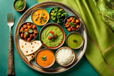Zeigen Sie ein farbenfrohes vegetarisches Thali vor einem grün getönten Hintergrund mit reichlich Kopierraum. Perfekt für Designer, die die indische vegetarische Küche, pflanzliche Speisepläne oder vegetarisches Essen fördern.