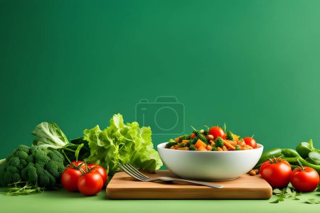 Display a vegetarian dish against a green-toned background with generous copy space. Ideal for designers creating vegetarian recipe books, plant-based meal plans, or vegetarian restaurant promotions