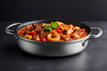 Present a sizzling hot dish against a minimalist background with space for additional text. Ideal for designers promoting restaurant specials, food delivery services, or culinary events.