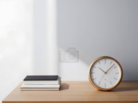 Un reloj de escritorio único contra un telón de fondo minimalista con espacio para el texto. Muestre el diseño atemporal y la precisión del reloj para un entorno de oficina sofisticado.