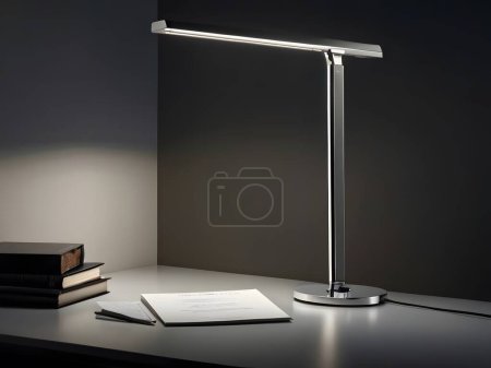Téléchargez les photos : Présentez la luminescence d'une seule lampe de bureau sur un fond simple avec de l'espace pour du texte supplémentaire. Mettez en évidence le design moderne et les caractéristiques réglables de la lampe pour un éclairage optimal de l'espace de travail. - en image libre de droit