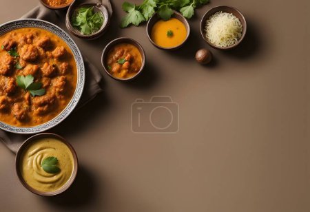 Muestre un colorido thali vegetariano sobre un telón de fondo en tonos verdes con amplio espacio de copia. Perfecto para diseñadores que promueven la cocina vegetariana india, los planes de comidas a base de plantas o las opciones gastronómicas amigables con las verduras.