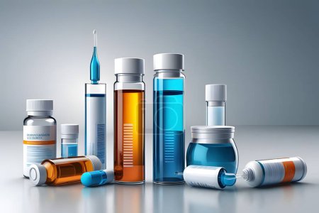 illustrative the concept of pharmaceutical solutions and advancements in medicine with sleek and modern compositions featuring pill bottles, syringes, and medical vials against clean and contemporary backgrounds- AI Generated.