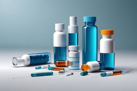 illustrative the concept of pharmaceutical solutions and advancements in medicine with sleek and modern compositions featuring pill bottles, syringes, and medical vials against clean and contemporary backgrounds- AI Generated.