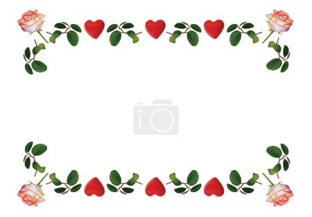 Photo for Greeting card with roses and red hearts. A card or banner for your text with a white background. - Royalty Free Image