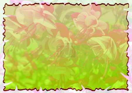 Photo for Colorful empty retro frame with floral background. Background with natural gradient and blended red and white fuchsia flowers. Damageg frame with brown trim. - Royalty Free Image