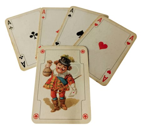 Photo of playing miniature retro cards, cute Joker Ace.Symbolic cards of colorful vintage Joker with a bag of coins and lucky aces attached. Object white isolated.