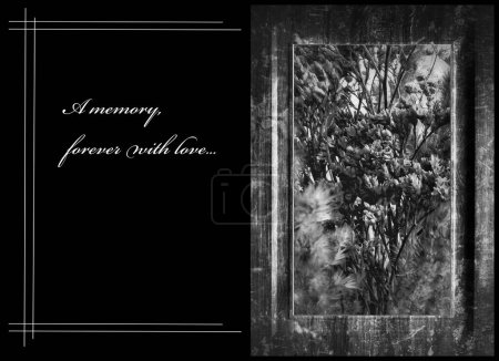 Photo for Condolences with a photo frame with cemetery flowers. Black and white condolence card, announcement, invitation, card can be folded. Place for your expression text, signature. - Royalty Free Image