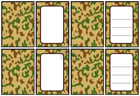 Tarnhintergrund, Rückseite und Vorderseite. Militärische Objekte für die Armee verwenden rechteckige Aufkleber, Tags, Etiketten, Preisschilder mit Platz für Ihren Text, druckbare Seite. Isoliert.