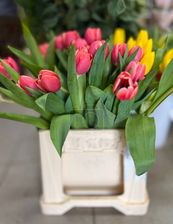 Ramo de coloridos brotes de tulipán. Flores de tulipán rojas y amarillas en una maceta decorativa.