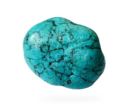 Beautiful turquoise semiprecious stone is isolated on a white background. Single turquoise gemstone with a small shadow, natural raw black veins.