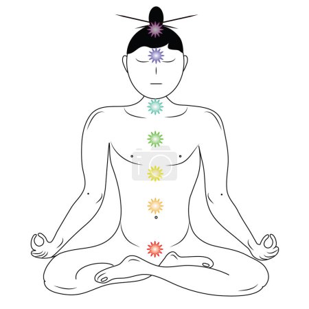 Ilustración de Caricature of a meditating man with seven chakrams. Sitting figure lotus of a Japanese man meditating, object isolated in vector format and jpg. - Imagen libre de derechos