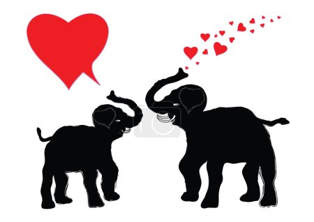 Illustration for Enamored courtship of a pair of elephants. Silhouettes of a couple of elephants in love with red hearts and an empty speech bubble. - Royalty Free Image