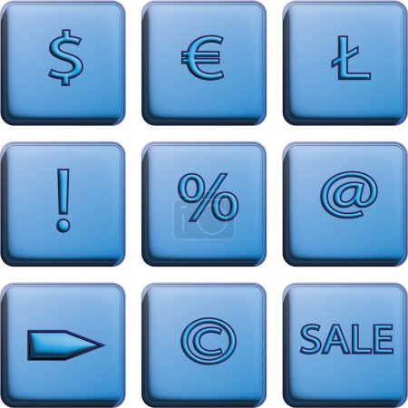 Téléchargez les illustrations : Ensemble de boutons web bleus avec icônes, fond blanc, vecteur. - en licence libre de droit