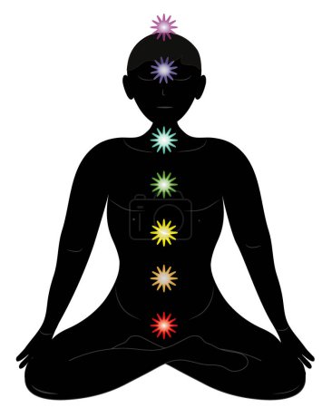 Illustration for Silhouette of a person meditating, vector and jpg. Object isolated, illustration of a woman, man, silhouette of woman with colorful chakras, meditation, chakra, colors chakras, yoga. - Royalty Free Image