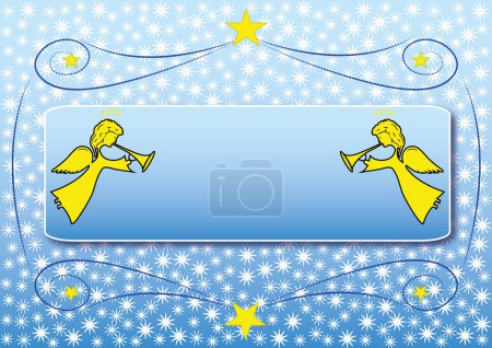 Téléchargez les illustrations : Silhouettes d'anges volants avec trompettes. Carte de Noël avec de jolies figures d'anges dans le ciel avec des étoiles et un cadre pour votre texte. Vecteur, jpg. - en licence libre de droit
