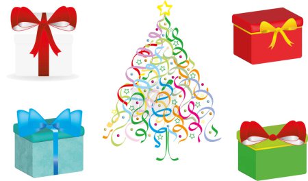 Vector set of gift, chritmas tree, gif, box. Colorful vector illustration of decorative present boxes with bow, christmas tree and ribbon, objects isolated.