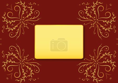 Illustration for Vector golden ornament on a claret background. Illustration of an abstract floral gold pattern with an empty frame for your text. - Royalty Free Image