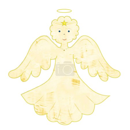 Téléchargez les illustrations : Figure créative modèle ange d'or. Ange en or avec ailes, étoile et aura sur fond blanc isolé, illustration vectorielle. - en licence libre de droit
