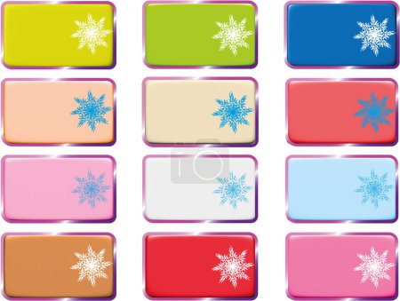 Illustration for Set of Christmas labels, stickers in all colors. Collection of blank glossy colorful name tags, tags, stickers, labels, frames, rectangle shape with snowflake. - Royalty Free Image