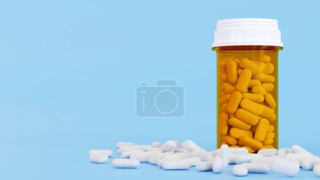 Weiße Pillen und gelbe Pillen Flasche, Medizinflaschen mit Medikamenten, Gesundheitsfürsorge und medizinisches Konzept, 3D Rendering.