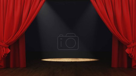 Téléchargez les photos : Théâtre ou opéra vide avec rideau de velours rouge et projecteur, rendu 3D. - en image libre de droit