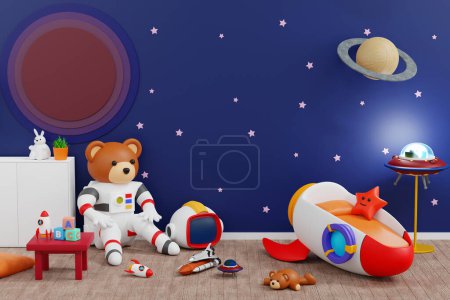 Téléchargez les photos : Baby kid room with wall decoration rocket planet space adventure, cute doll and toy, nursery or children's room design, 3D rendering. - en image libre de droit