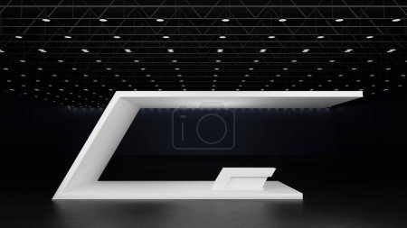 Foto de Exhibición blanca del stand del sistema de stand de la cabina del diseño de la plantilla de la maqueta para la feria del acontecimiento en el centro de la sala de exposiciones, sala de convenciones, representación 3D. - Imagen libre de derechos