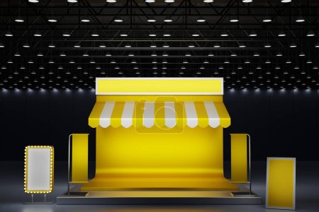 Diseño de plantilla de maqueta de exhibición de stand de exhibición de sistema de stand amarillo para feria de eventos en el centro de la sala de exposiciones, sala de convenciones, renderizado 3D.