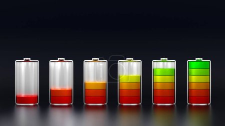 Set des Ladezustandes der Batterie mit Farbschicht des Batteriestandes, 3D-Darstellung.