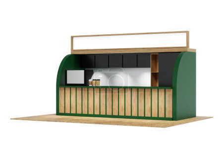 Foto de Quiosco cafetería cabina de café con barra de mostrador, máquina de café, refrigerador y menú de pizarra, diseño de material verde y madera, renderizado 3D. - Imagen libre de derechos